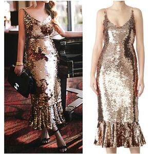 Saloni Sequin Dress Sleeveless Open Back Cocktail Midi Bronze‎ Sz 4 Retails $795